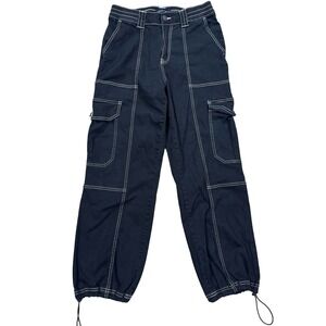 Aeropostale Cargo Pants Women's Small Black Contrast Stitch Wide Leg Bungee Hem